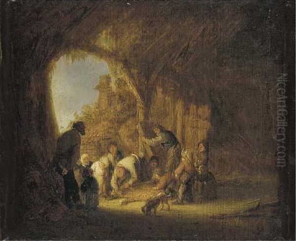 Peasants In A Barn Oil Painting by Adriaen Jansz. Van Ostade