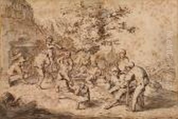 Peasants Carousing Before An Inn Oil Painting by Adriaen Jansz. Van Ostade