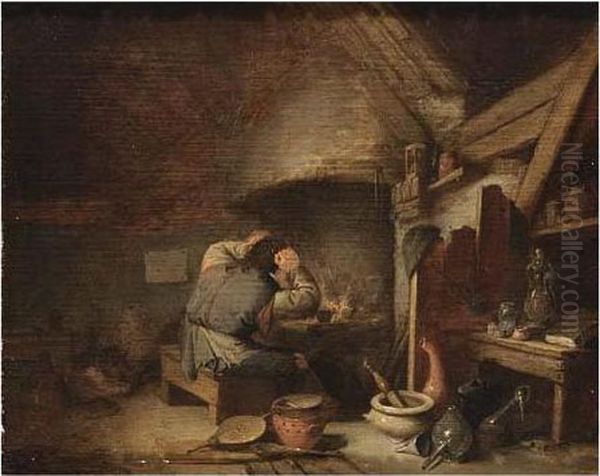 An Alchemist Near A Fireplace In His Studio Oil Painting by Adriaen Jansz. Van Ostade