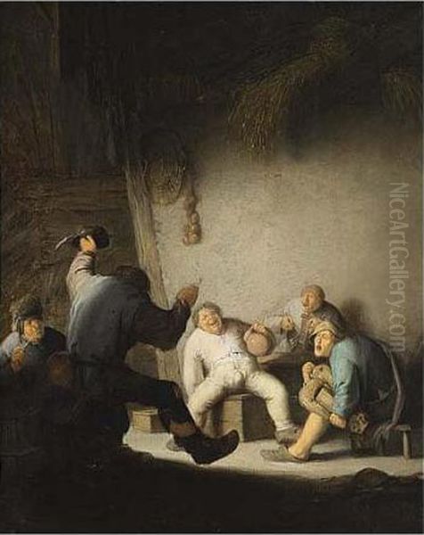 Peasants Drinking And Making Music In A Barn Interior by Adriaen Jansz. Van Ostade