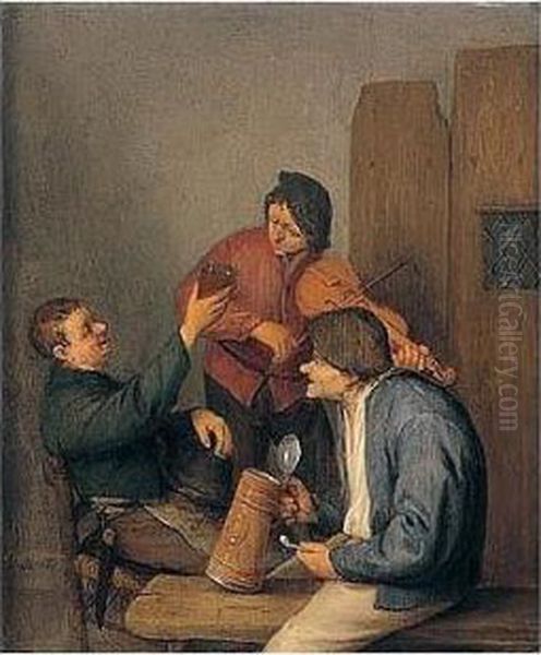 Three Peasants Drinking, Smoking And Playing The Violin In A Tavern Interior Oil Painting by Adriaen Jansz. Van Ostade