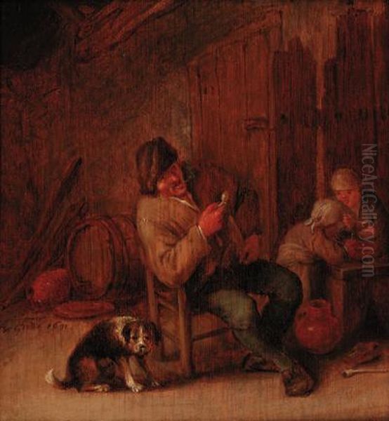 A Boor Smoking In An Inn, With A Dog And Two Children Oil Painting by Adriaen Jansz. Van Ostade