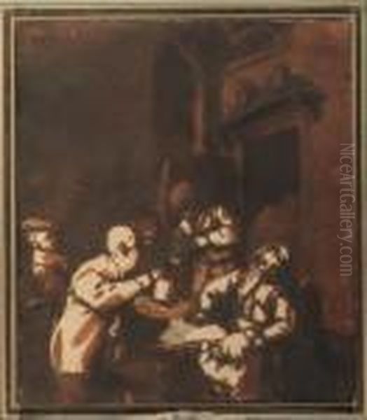 An Interior With A Family At A Table, Another Figure At Thedoor by Adriaen Jansz. Van Ostade