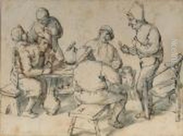 Smokers And Drinkers By A Table Oil Painting by Adriaen Jansz. Van Ostade