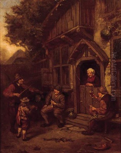 Boors Listening To The Music Of A Violinist In A Farmyard Oil Painting by Adriaen Jansz. Van Ostade