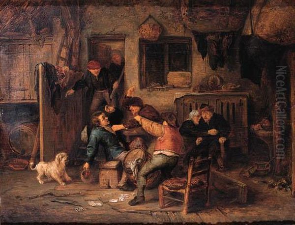 Boors Fighting Over A Game Of Cards In A Barn Oil Painting by Adriaen Jansz. Van Ostade