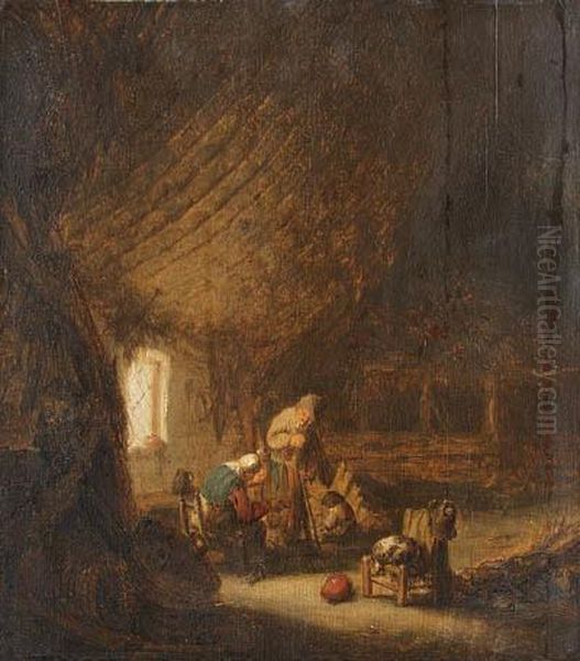 A Peasant Family In A Barn With An Old Woman Spinning Oil Painting by Adriaen Jansz. Van Ostade