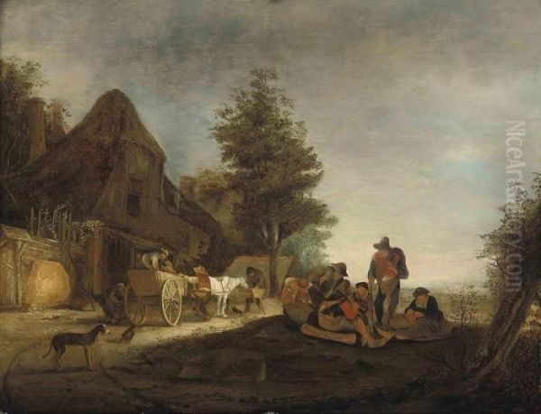 Travellers At Rest By A Cottage Oil Painting by Isaack Jansz. van Ostade