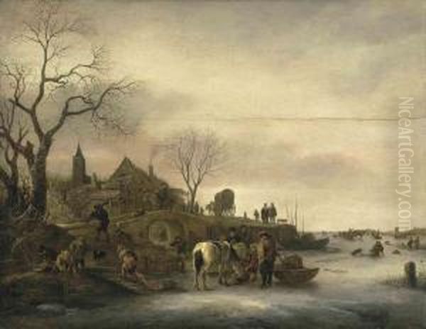 A Winter Landscape With Figures On A Frozen Lake With A Churchspire Beyond Oil Painting by Isaack Jansz. van Ostade