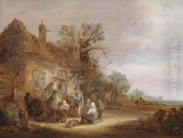 Peasants Andmusicians Outside A Tavern Oil Painting by Isaack Jansz. van Ostade