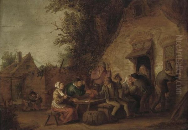 Peasants Carousing Outside A Tavern Oil Painting by Isaack Jansz. van Ostade