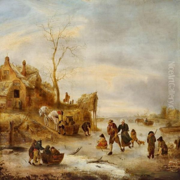 Skaters In A Dutch Winter Landscape Oil Painting by Isaack Jansz. van Ostade