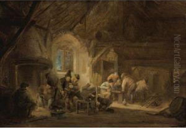 Rustic Interior With Peasants Drinking And Gaming Oil Painting by Isaack Jansz. van Ostade