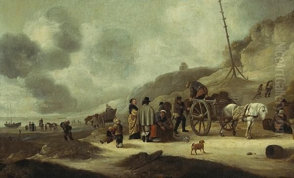 A Couple Watching A Fishmonger Loading A Horsedrawn Wagon On Thebeach Oil Painting by Isaack Jansz. van Ostade