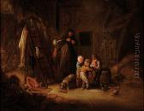 Jeunes Enfants Jouant Dans La Chaumiere Oil Painting by Isaack Jansz. van Ostade