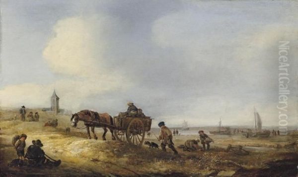 A Beach Scene With Fisherfolk And A Horse And Cart, A Church Beyond Oil Painting by Isaack Jansz. van Ostade