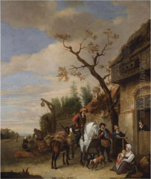 A Village Scene With Travellers Near An Inn, A Woman And Childresting In The Foreground Oil Painting by Isaack Jansz. van Ostade