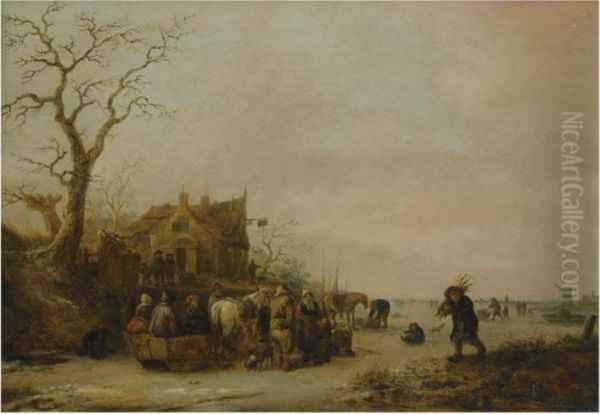 A Winter Landscape With Peasants On A Frozen Lake Near An Inn, Afaggot Gatherer Nearby Oil Painting by Isaack Jansz. van Ostade