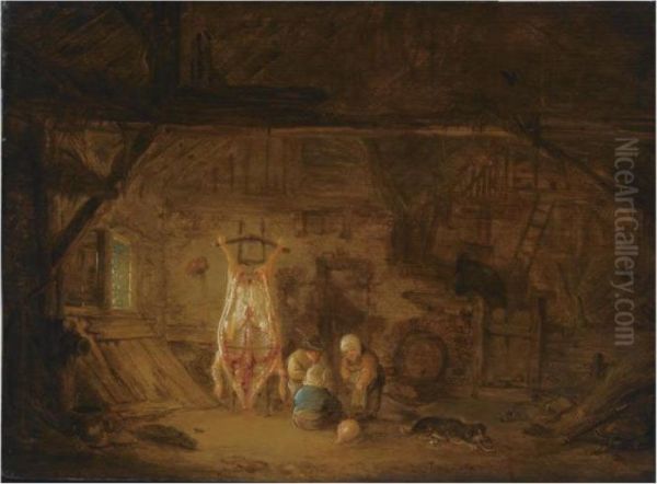 A Barn Interior With Three 
Children Playing With A Pig's Bladder,next To A Slaughtered Pig Oil Painting by Isaack Jansz. van Ostade