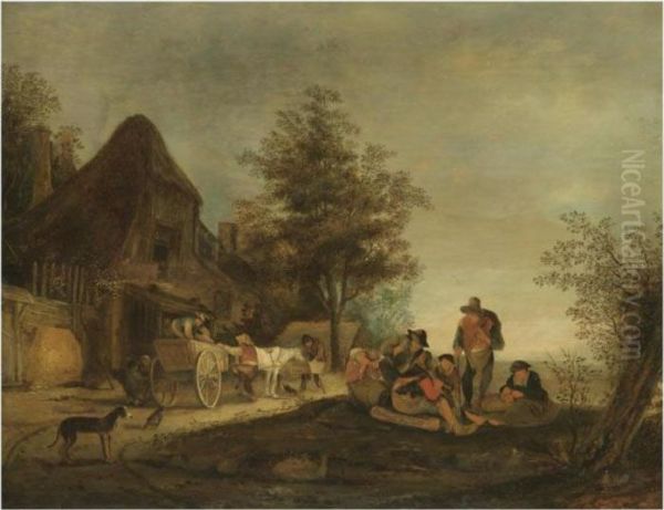 A Landscape With Peasants Sitting Outside A Tavern Beside Ahorse-and-cart Oil Painting by Isaack Jansz. van Ostade