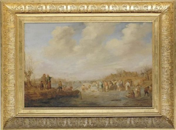 A Winter Landscape With Figures On A Frozen River, A Townbeyond Oil Painting by Isaack Jansz. van Ostade