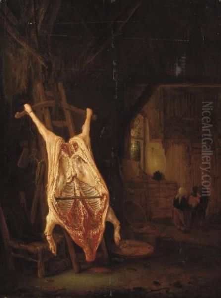 A Barn Interior With A Slaughtered Pig, Children Playingbeyond Oil Painting by Isaack Jansz. van Ostade