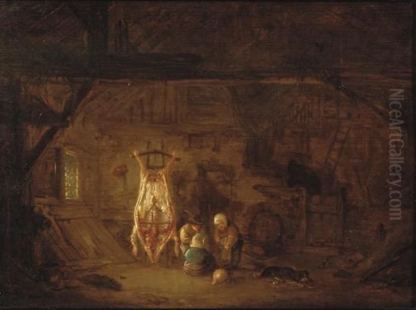 A Barn Interior With A Slaughtered Pig, Children Playingnearby Oil Painting by Isaack Jansz. van Ostade