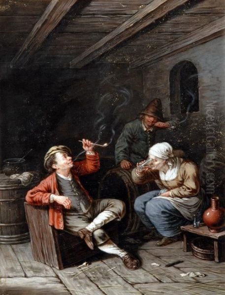 A Pair, Tavern Interior, With Figures, Smoking Drinking And Playing Cards Oil Painting by Isaack Jansz. van Ostade