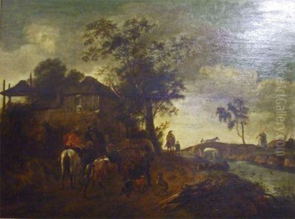 Figures, Horses And Dogs In A 
Lane Before A Cottage; Bridge Over River And Windmill Beyond, 18 Oil Painting by Isaack Jansz. van Ostade