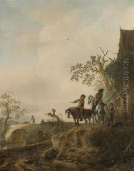 Horsemen Halting At An Inn, A Shepherd Driving His Flock Across A Bridge Beyond Oil Painting by Isaack Jansz. van Ostade