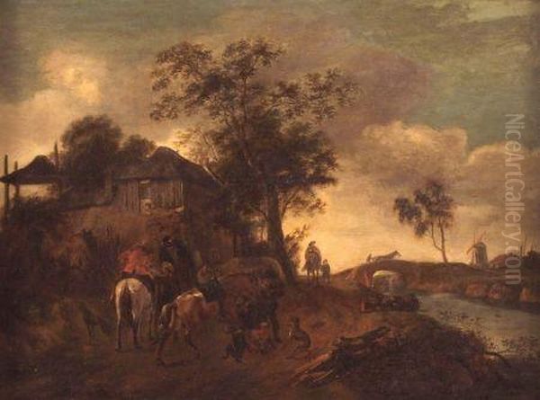 Figures, Horses And Dogs In A 
Lane Before A Cottage;bridge Over River And Windmill Beyond Oil Painting by Isaack Jansz. van Ostade