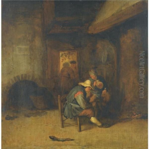 Peasants Smoking And Drinking In An Inn Oil Painting by Isaack Jansz. van Ostade