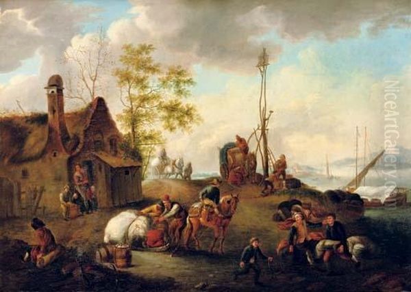 Peasants Transporting Thier Wares To A Harbour, A Cottage Nearby Oil Painting by Isaack Jansz. van Ostade