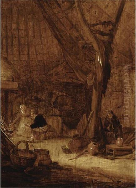 Barn Interior With Peasants Eating Oil Painting by Isaack Jansz. van Ostade