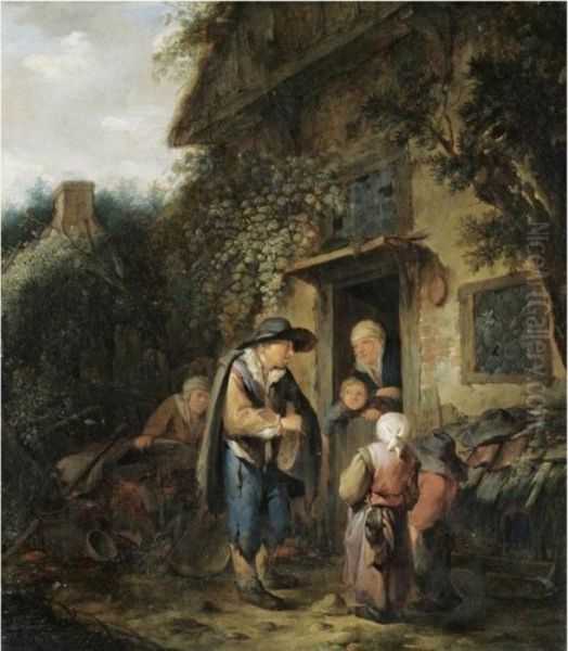 The Exterior Of A Cottage With Peasants Conversing At A Doorway Oil Painting by Isaack Jansz. van Ostade