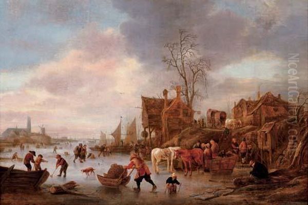 A Winter Landscape With Villagers On A Frozen Canal Oil Painting by Isaack Jansz. van Ostade