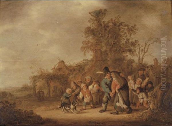 Peasant Guiding His Drunken Wife, Ridiculed By A Group Of Children Oil Painting by Isaack Jansz. van Ostade