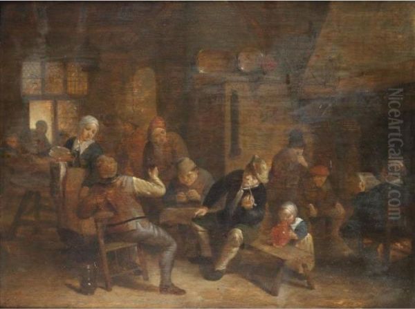 A Tavern Interior With Boors Smoking And Drinking Oil Painting by Isaack Jansz. van Ostade