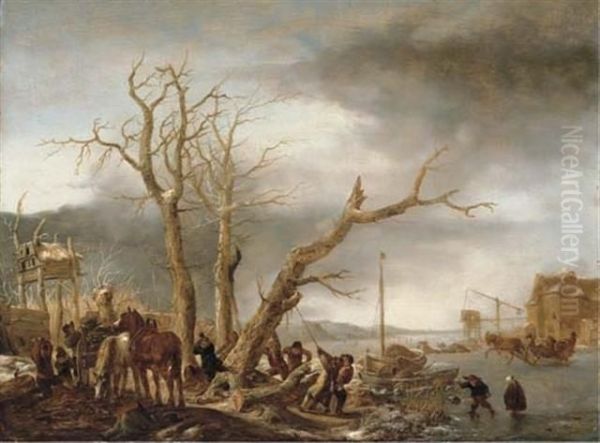 A Frozen River Landscape With Woodsmen Felling A Tree, A Water Mill Beyond Oil Painting by Isaack Jansz. van Ostade