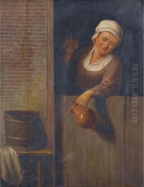 An Old Lady At A Window Holding A Pitcher And A Glass Of Ale Oil Painting by Isaack Jansz. van Ostade