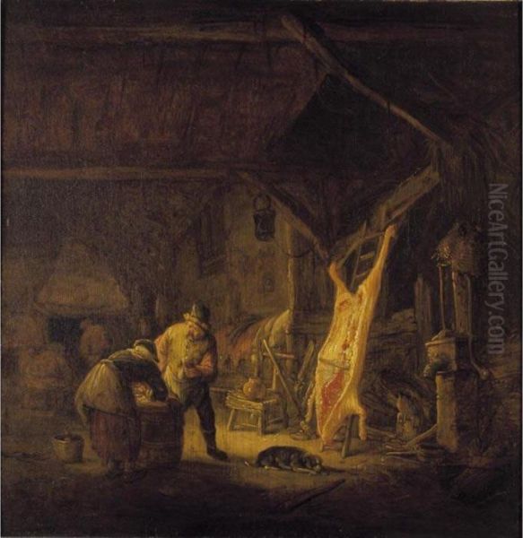 A Barn Interior With Peasants 
Standing Before A Hog Carcass, Other Figures Warming Themselves By A 
Fire Beyond Oil Painting by Isaack Jansz. van Ostade