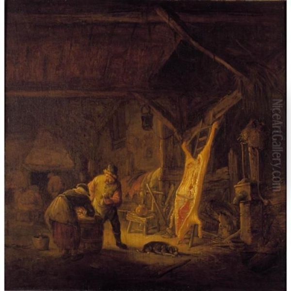 A Barn Interior With Peasants 
Standing Before A Hog Carcass, Other Figures Warming Themselves By A 
Fire Beyond Oil Painting by Isaack Jansz. van Ostade