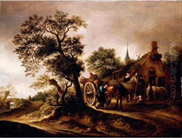 Landscape With Figures And Carts Before A Cottage Oil Painting by Isaack Jansz. van Ostade