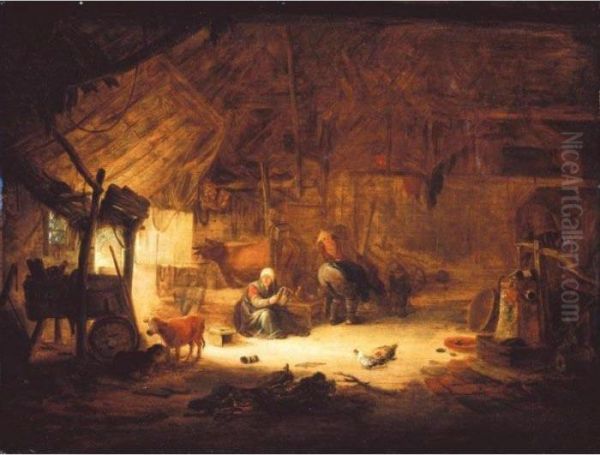 The Interior Of A Barn With Figures And Animals Oil Painting by Isaack Jansz. van Ostade