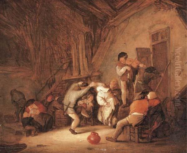 Peasants Dancing And Drinking In A Tavern Interior Oil Painting by Isaack Jansz. van Ostade