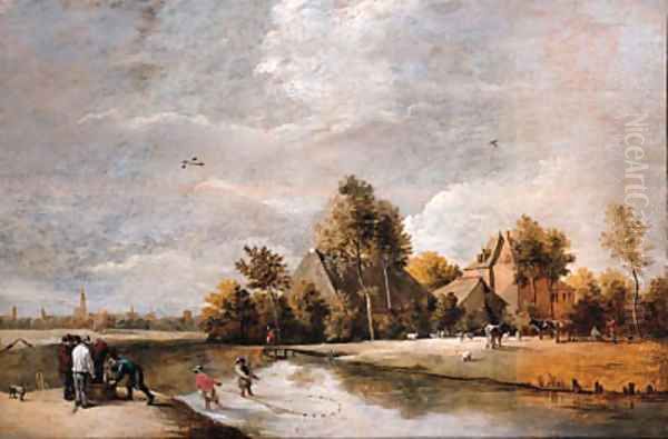 Fishermen hauling in their nets near a farm, a view of Antwerp in the background Oil Painting by David The Younger Teniers