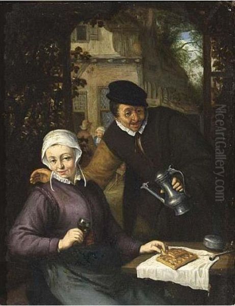 A Man Holding A Jug And A Woman Drinking Wine And Eating Waffles Oil Painting by Isaack Jansz. van Ostade