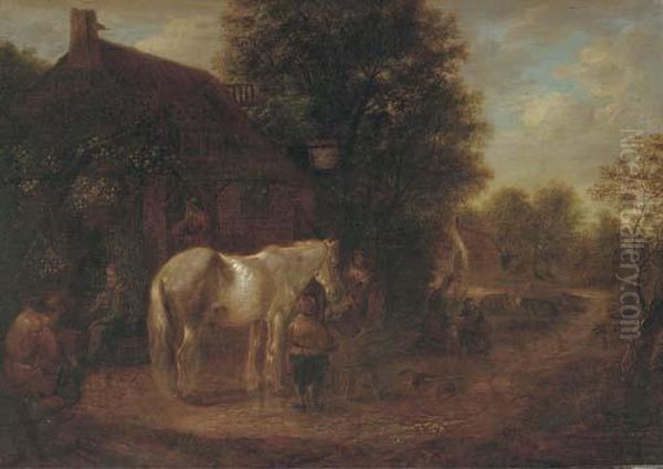 Peasants Feeding A Horse Outside An Inn Oil Painting by Isaack Jansz. van Ostade