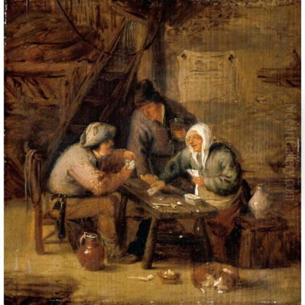 Interior With Peasants Playing Cards At A Table Oil Painting by Isaack Jansz. van Ostade