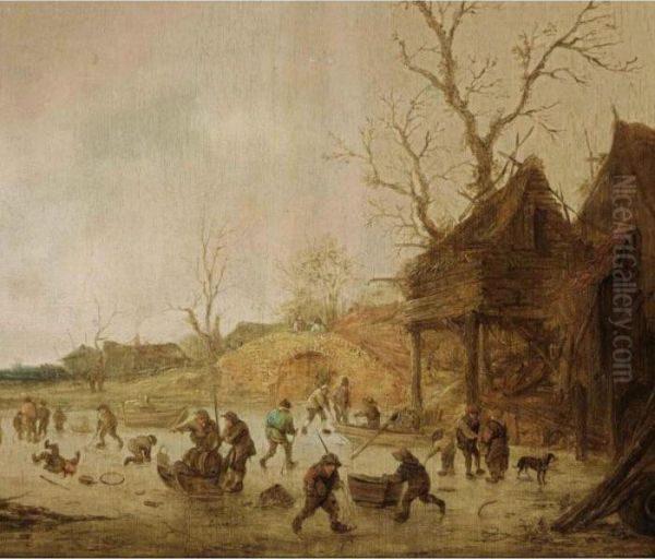 A Winter Landscape With Skaters,
 Children Playing Kolf And Figures With Sledges On The Ice Near A Bridge Oil Painting by Isaack Jansz. van Ostade